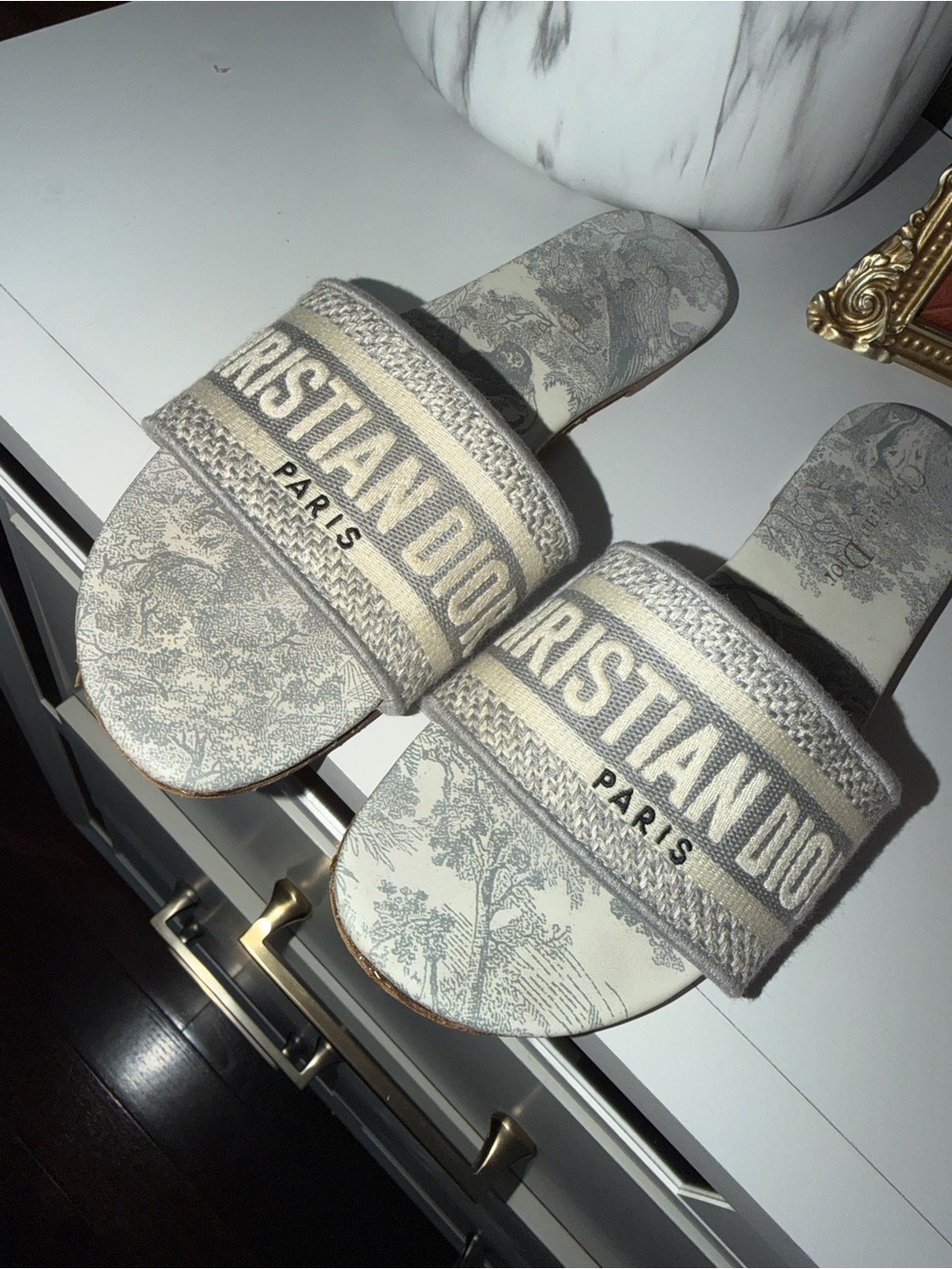 Grey and Beige Logo Slide Sandals